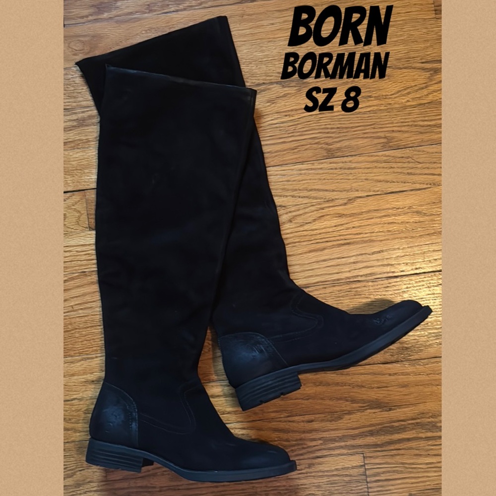 Born Borman Knee High Suede Boots-Full Rear Zip-Sz 8-Black